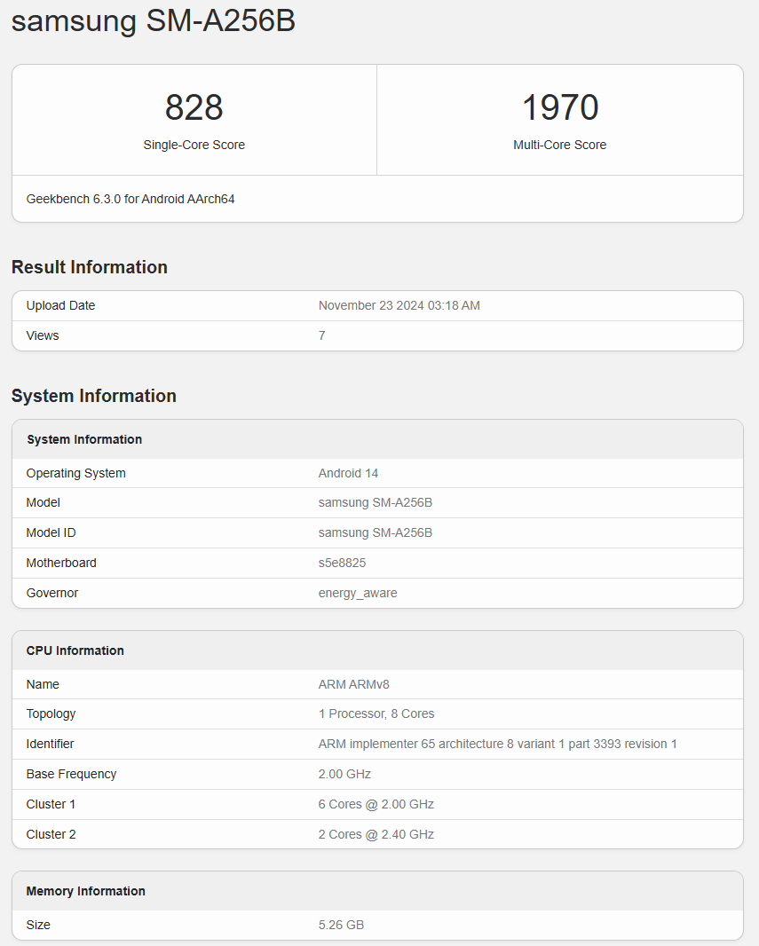 三星A25 geekbench 跑分