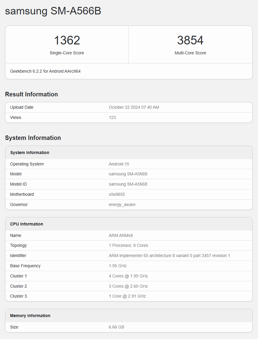 三星A56跑分 geekbench